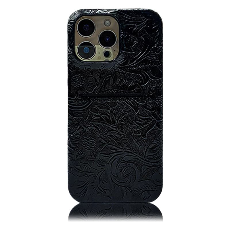 Compatible with iPhone 17, genuine top-grain cowhide leather embossed floral three-piece 15 Pro protective case 16 PM Apple phone case