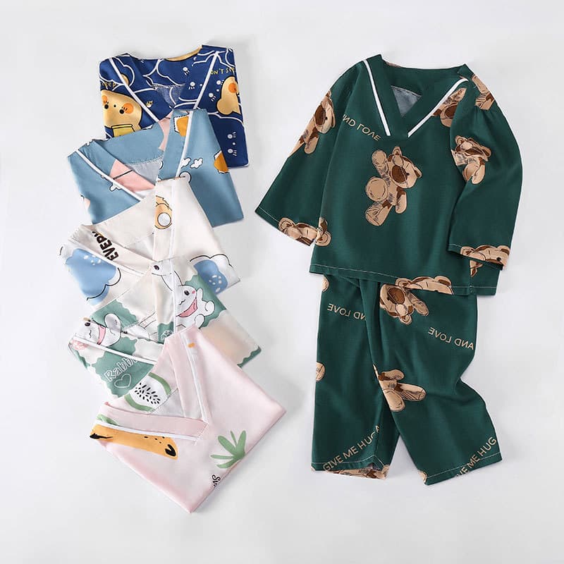 Children's Pajamas Summer Boys Cotton Silk Home Clothes Suit Girls Thin Baby Boys Long Sleeve Cotton Silk Air-conditioning Suit