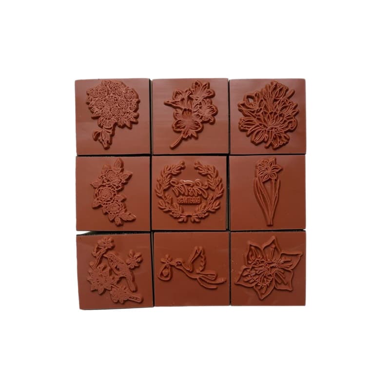 Wooden Journal Stamp Set, Plant and Floral Patterns, Beech Wood Material, 3cm Square, 9-Piece Set