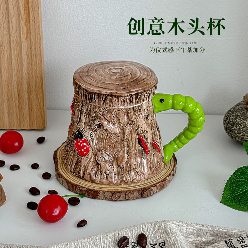 Funny Creative Ceramic Mug Wooden Cup Retro Practical Cute Coffee Cup High Appearance with Lid Drinking Cup