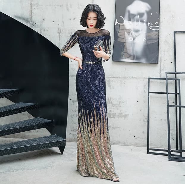 Banquet Evening Gown Mermaid Long Dress High-End Slim Fit Elegant Host Navy Blue Sequin Dress