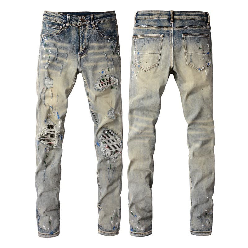 European and American Denim Jeans for Men 98% Cotton + 2% Spandex High Street Graffiti Ripped Stretch Slim Fit Tapered Pants Men's Trousers 883