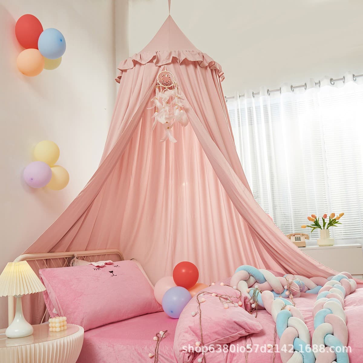 Ruffle Dome Mosquito Net Bed Canopy Tree House Tent No-Drill Installation Headboard Student Bed Curtain Ready-to-Use Mosquito Net