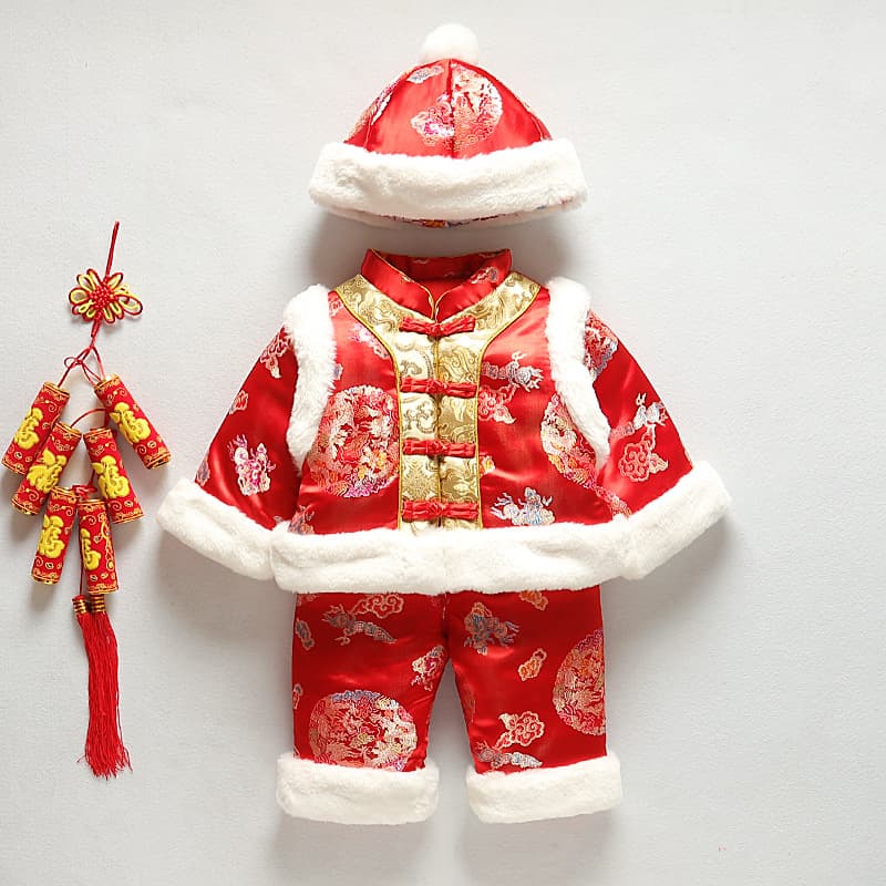 2021 Winter New Cute Baby Tang Suit Three-piece Set Chinese-style Infant Fashion Warm Set Festive Outfit