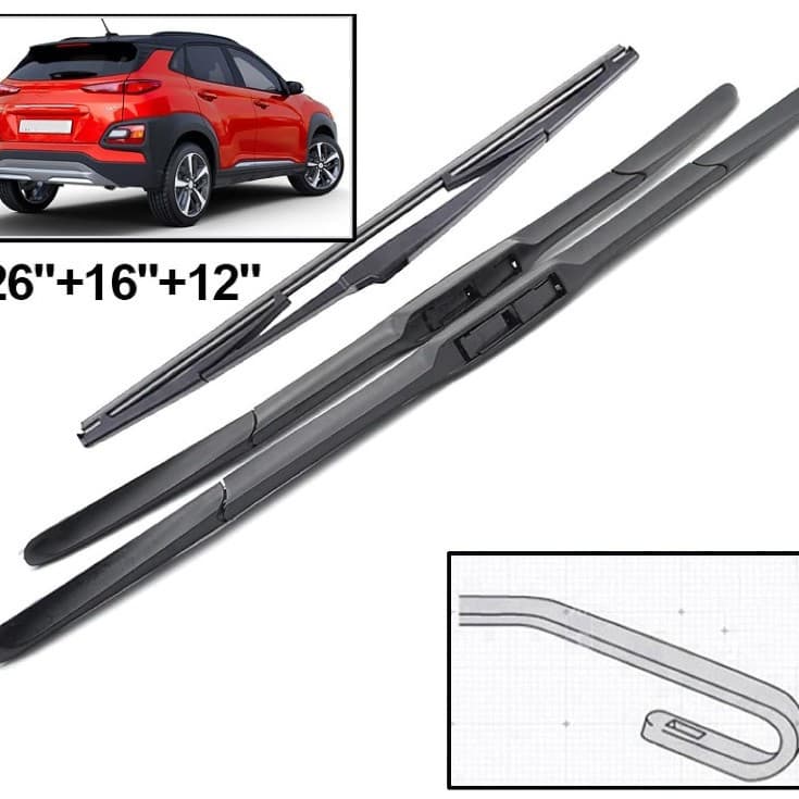 Wiper Blades for Hyundai Kona 2017-2023 26+16+12 inch Front and Rear Wiper Set