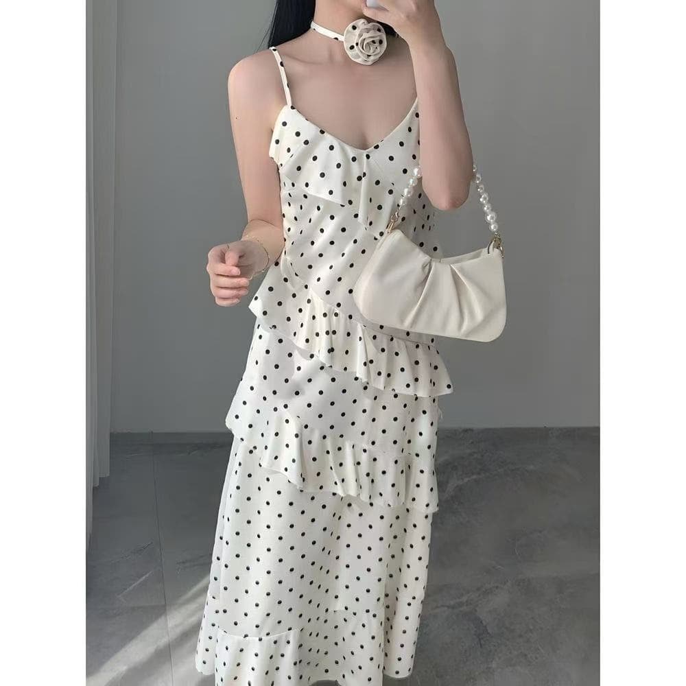 Pure Desire Wave Dots Suspender Dress Irregular Summer Waist Slimming French Stunning Ruffled Long Skirt for Women