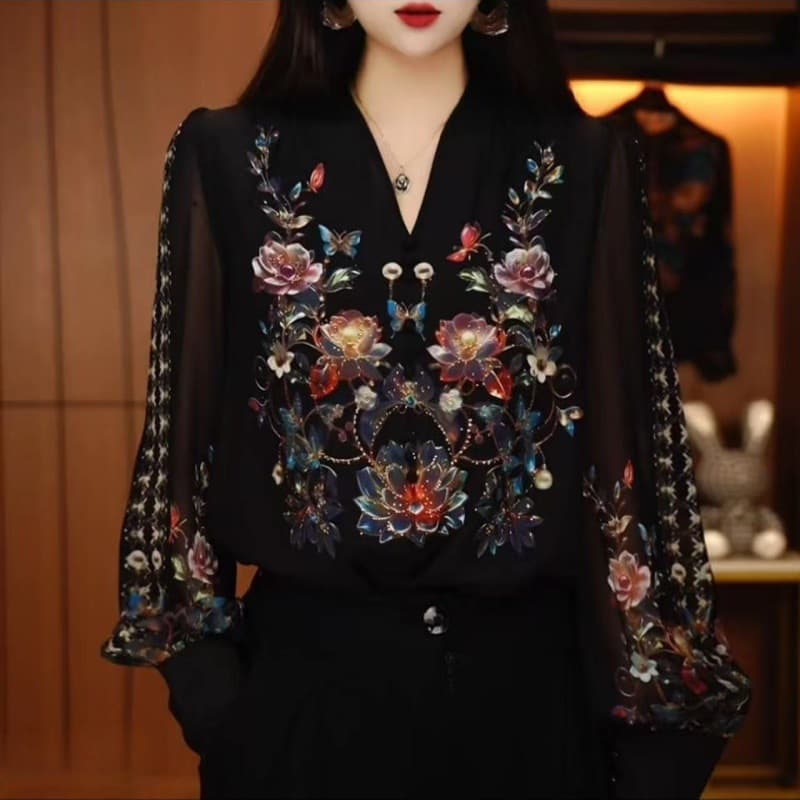 New Glazed Double Crepe Silk Fashionable Versatile Casual Elegant Printed Blouse for Women Slimming Top