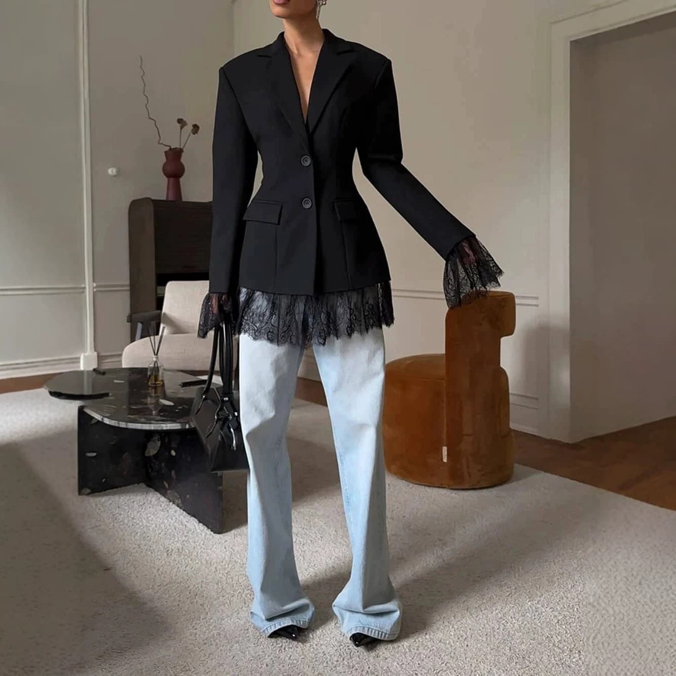 Gentle style niche design black small blazer women's spring versatile waist-cinching long-sleeved lace splicing suit
