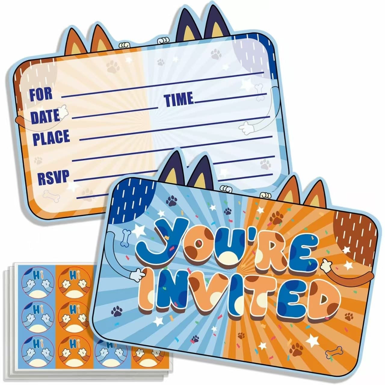 Cartoon Puppy Theme Party Invitation Card Set with Envelopes and Stickers, Kids Birthday Party Message Cards