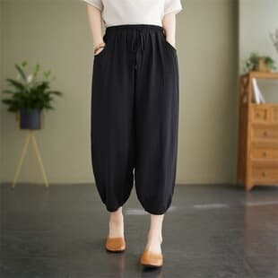 Ice Silk Cotton Linen Casual Lantern Pants Wide Leg Pants Summer New Plus Size Loose Solid Color Cropped Pants Fashion Harem Pants