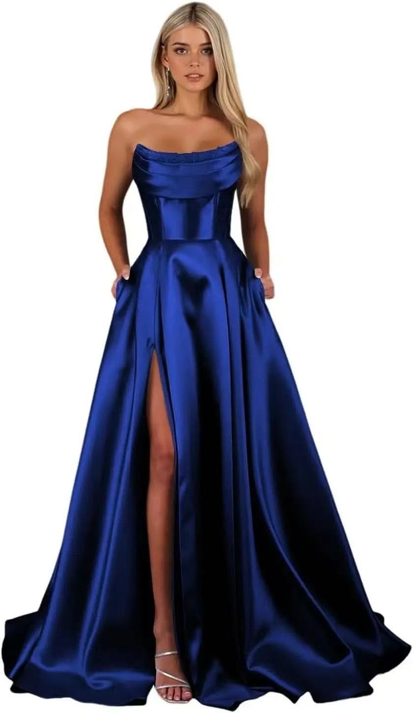 Amazon Satin Bridesmaid Dress with Straps and Back Lace-Up Formal Long Gown for Banquet