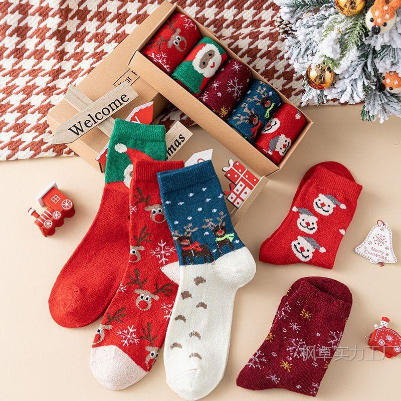 New Year Women's Autumn and Winter Warm Wool Socks, Red Christmas Reindeer Socks, Gift Box, Mid-Calf Socks, Factory Direct Shipping