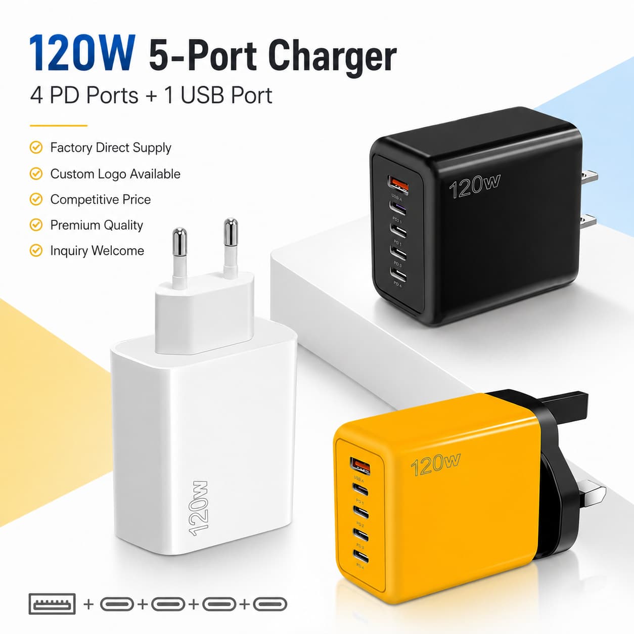 120W Multi-Port Phone Charger EU/US/UK Plug 4PD+1USB Fast Charging Adapter TYPE-C Yellow
