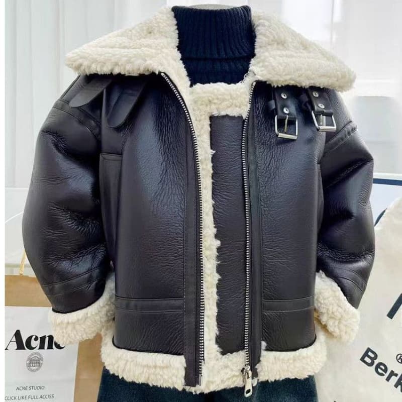 Boys' autumn and winter coat, stylish and cool, Korean style, fleece-lined, thick leather jacket for toddlers and preschoolers, baby lamb fleece coat.