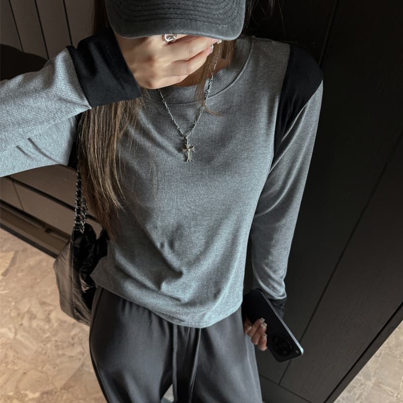 Modal Ribbed Contrast Round Neck Long Sleeve T-Shirt for Women, Loose Fit, Slimming Inner Layer, Can Be Worn as Outerwear