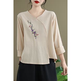 Linen Shirt Top Women Ethnic Retro Style Artistic Loose Embroidery Hanfu Adult Cotton V-Neck T-Shirt Long Sleeve Spring