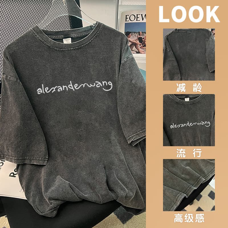 Loose Korean Style Ins Trendy Brand Pure Cotton Short Sleeve T-Shirt Women Summer New Washed Distressed Design Base Layer Top