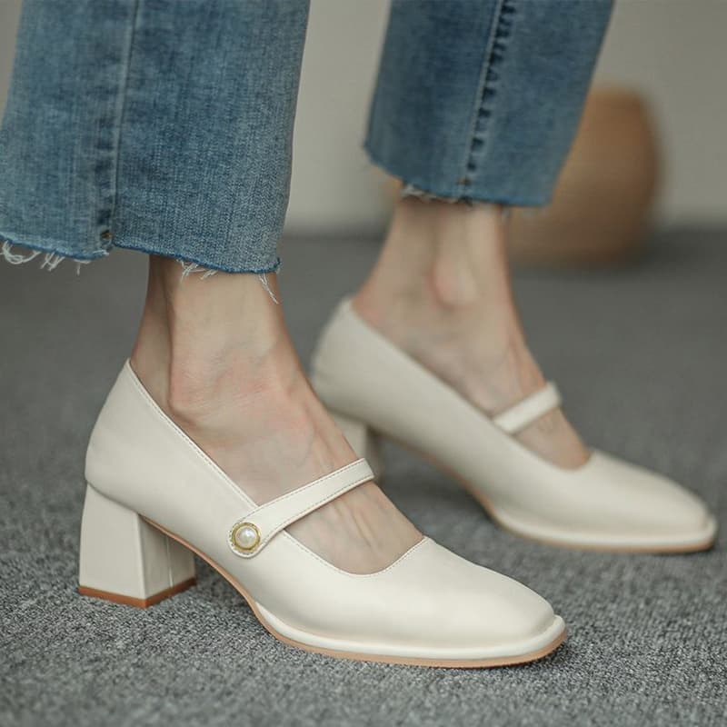 Mary Jane Shoes Women's 2024 Autumn New British Style Retro Square Toe Shoes High Heels Pearl Buckle Women's Shoes