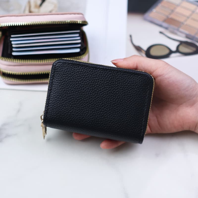 Cross-Border Best-Selling Double Zipper Women's Accordion Card Holder, Multi-Function Multi-Slot ID Money Clip, Pebble Grain Coin Purse
