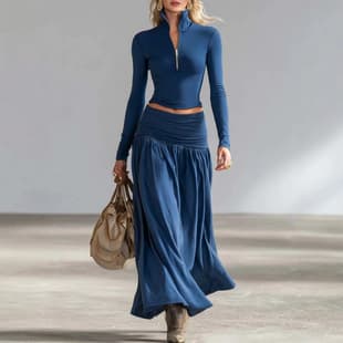 2026 New Autumn/Winter Elegant Dynamic Collared Top with Low Waist Long Skirt Set for Amazon & DTC