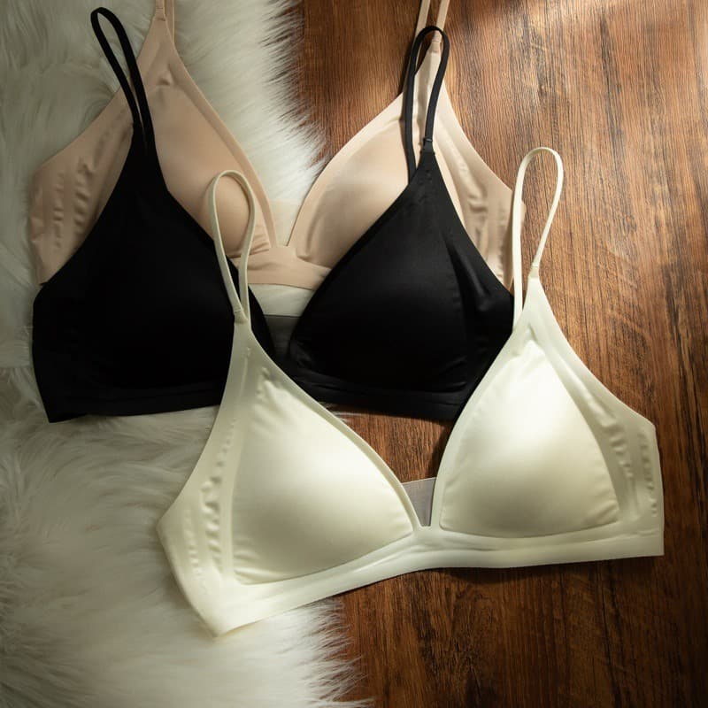 Kbra Milk Satin French Deep V-Neck Bra for Women, Spaghetti Strapless Triangle Cup, Small Bust, Wireless, Thin Bra