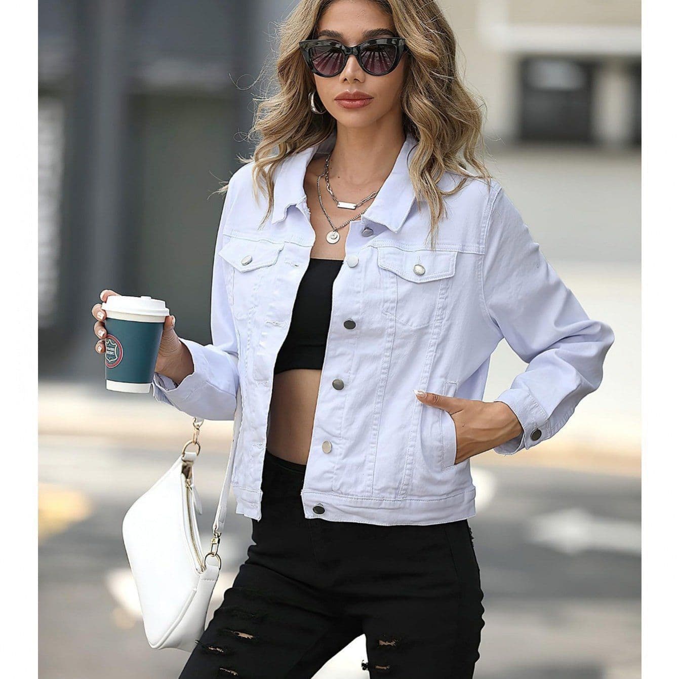 2025 European and American Fashion Slim Fit Women's Pilot Jacket with Turn-Down Collar, Solid Color Denim, Pocket, Versatile Outerwear