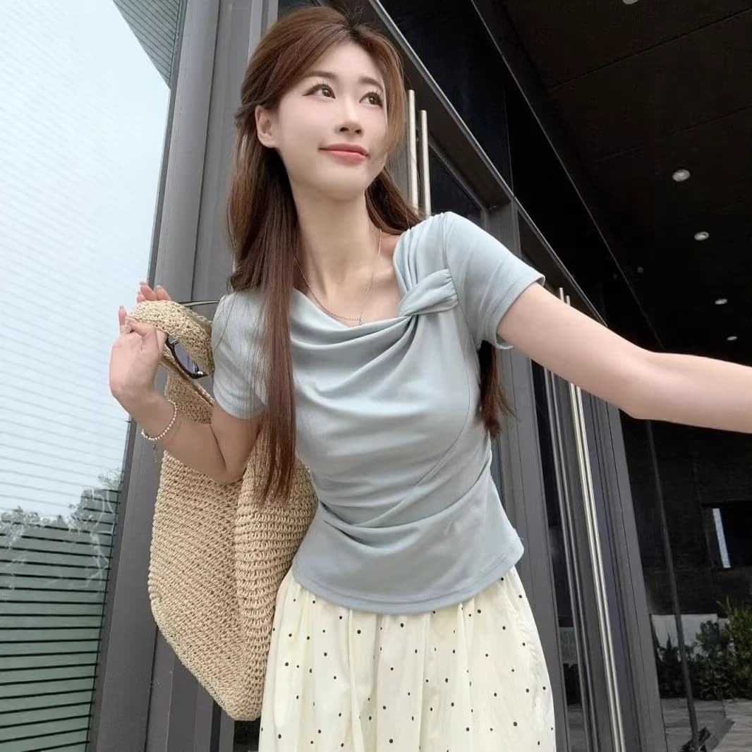 Cross-Border Bestseller Design Tie-Strap Short-Sleeve T-Shirt for Women 2026 Spring Summer Blue New Sweet Style Women's Top Base Layer
