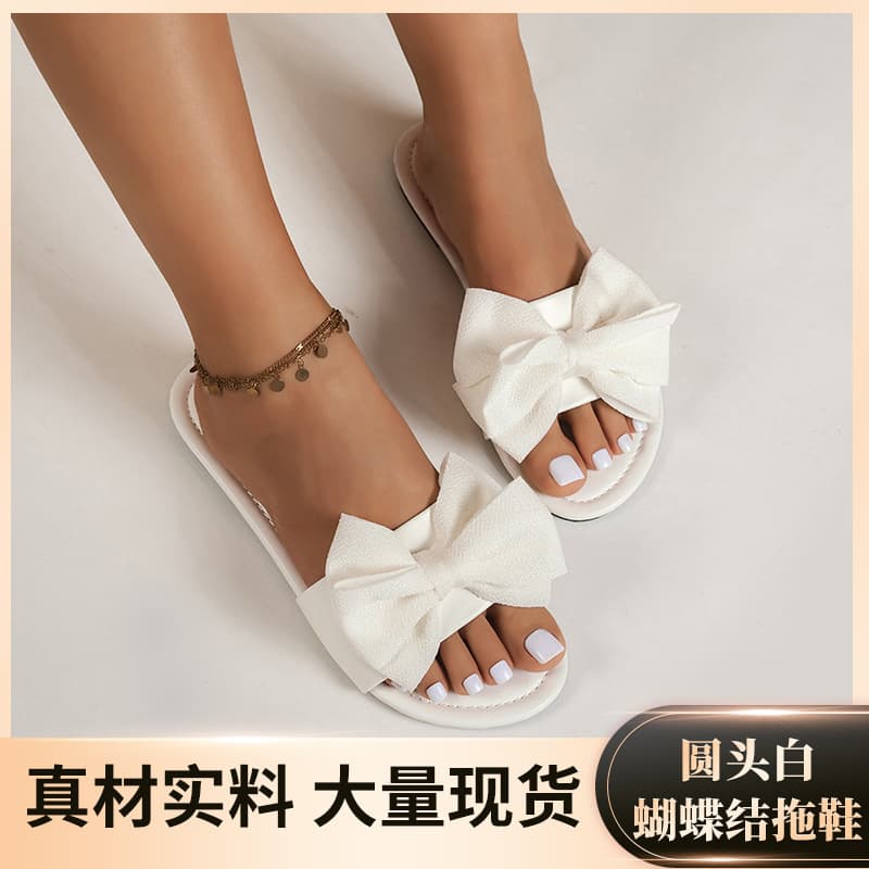 Summer New Round Head Flat Bottom Slippers Women's Outdoor Fashion Flat Flower White Butterfly Knot Flat Bottom Sandals