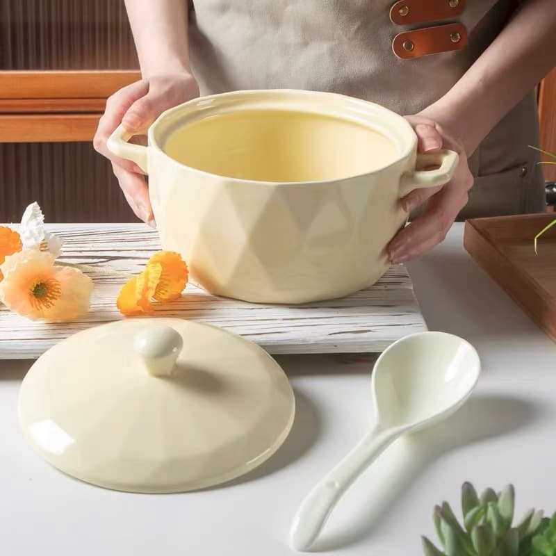 Instant Noodle Bowl with Lid, High Aesthetic Large Capacity Home Cream Style Double Ear Large Soup Bowl Diamond Pattern Ceramic Large Capacity