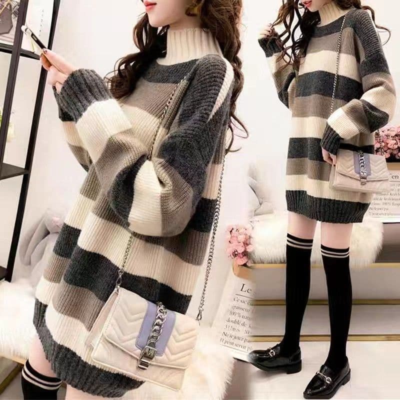 Autumn-Winter Lazy Style Round Neck Mid-Length Pullover Sweater Knitted Top Loose Fashion Versatile Base Top Outerwear Women