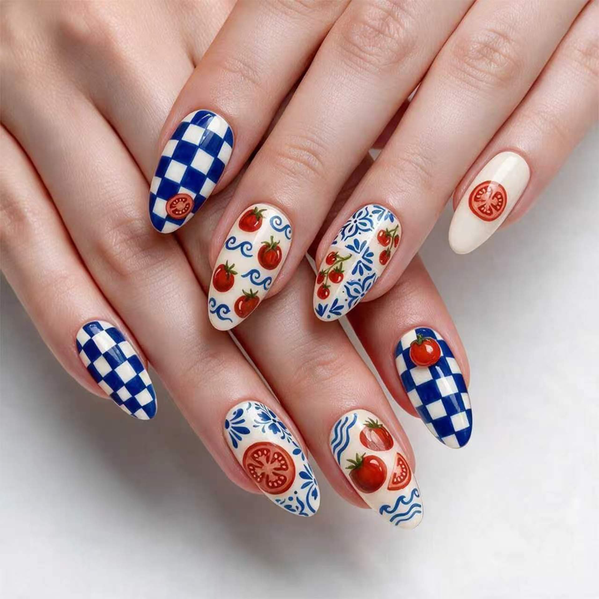 Lefan's new sweet manicure, fake nails, blue and white plaid wearable nails, almond nails, finished products wholesale