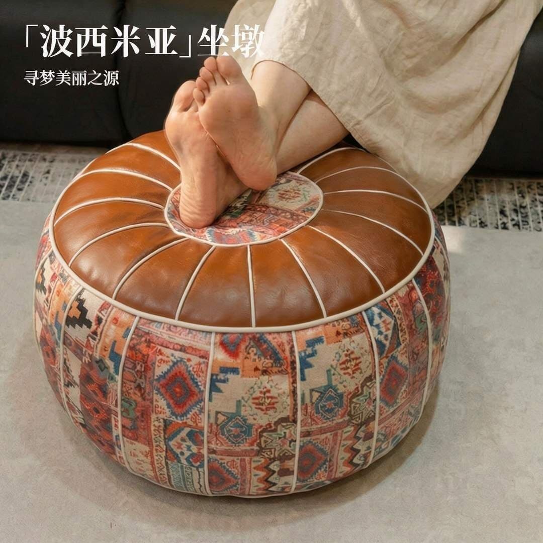 Round Leather Storage Ottoman Pouf Cushion for Old Clothes, Soft Stool for Living Room, Fill with Old Clothes