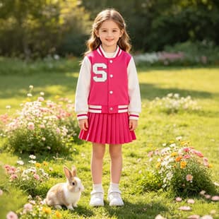 2-Piece Girls Spring Autumn Fashionable Long Sleeve Letter Print Jacket Solid Pleated Skirt Retro Baseball Suit