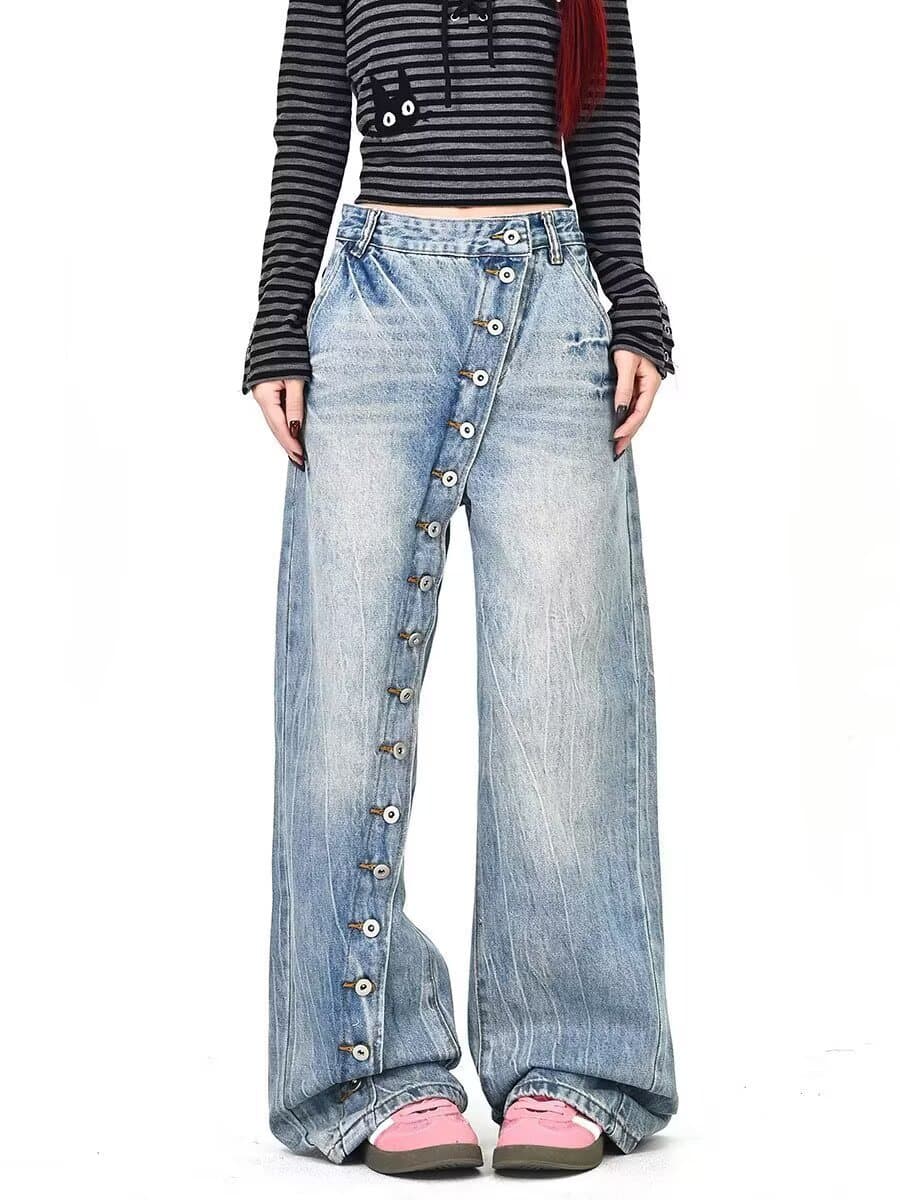American Vintage Washed Asymmetric Button Straight-Leg Jeans for Women, Designer Casual Loose-Fit Wide-Leg Pants