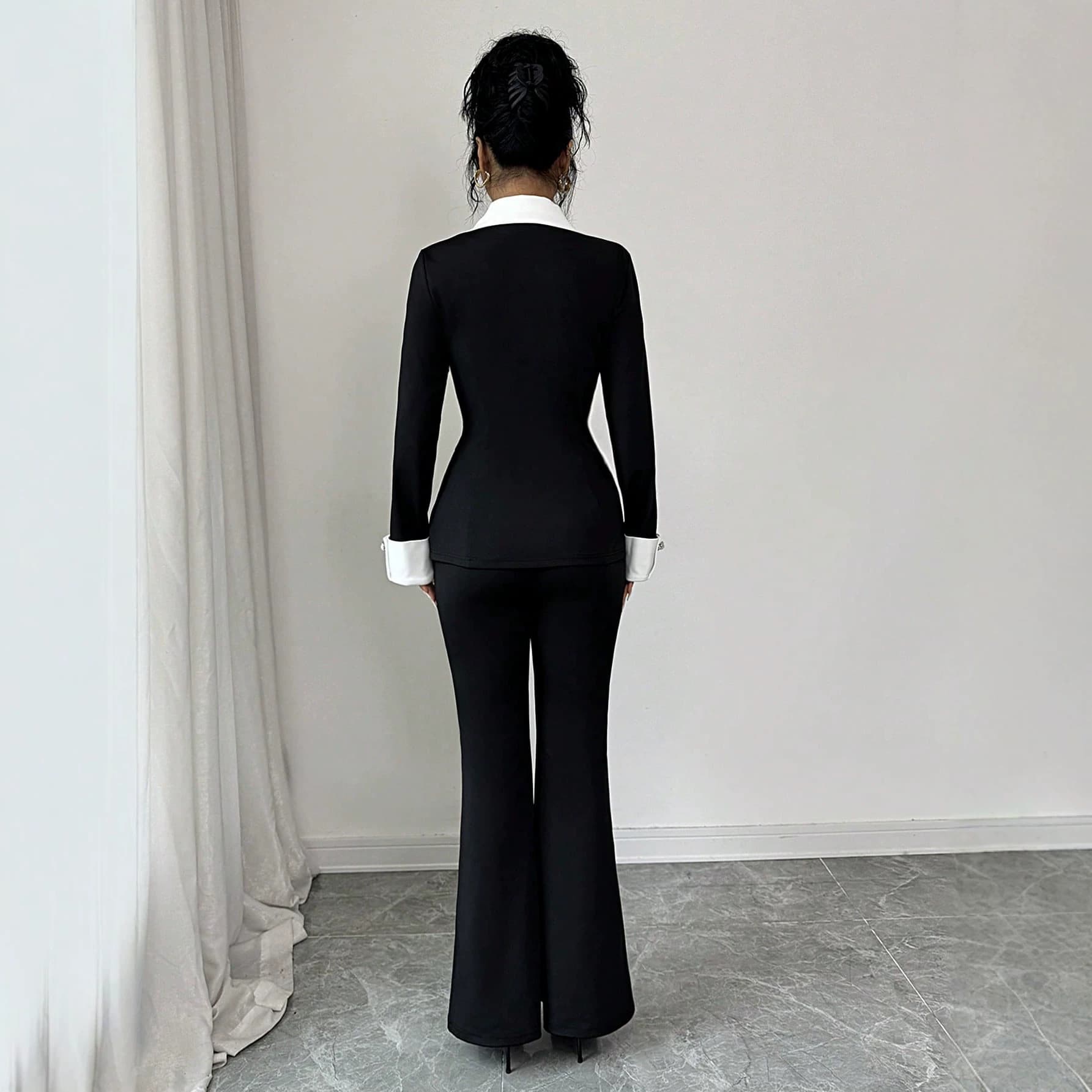 European and American Style Cross-Border Black and White Contrast Large Lapel Blazer for Women, Slimming Double-Breasted Elegant Suit Jacket