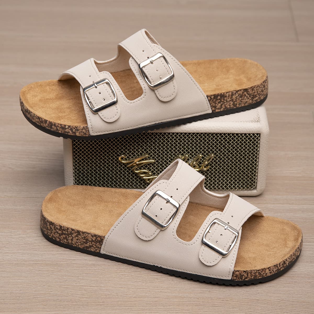 Birkenstock Unisex Cork Non-Slip Slide Sandals Couple Toe-Open Flat Sandals Outdoor Anti-Slip