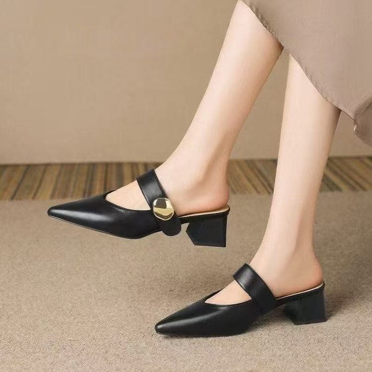 Baotou Half Slippers Women 2026 Summer New Korean Style Pointed Toe Chunky Heel Buckle Strap Sandals Versatile Mid Heel
