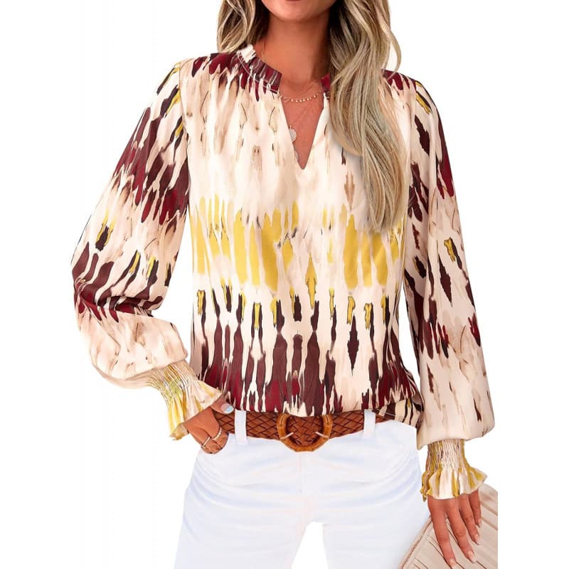 Women's V Neck Floral Long Sleeve Tops 2025 Summer Casual Look
