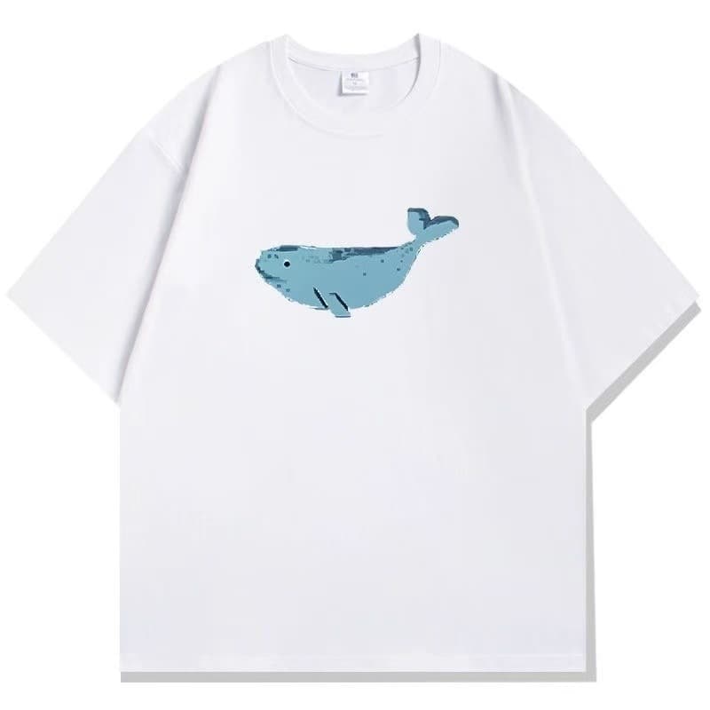 Milk silk 2026 blue whale oil painting printed short-sleeved T-shirt design versatile top for men and women in summer