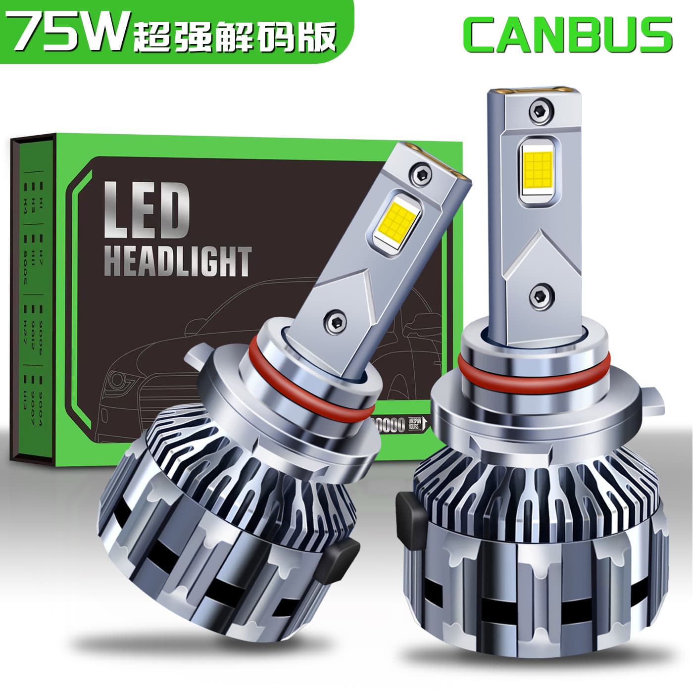 Super Decoding 75W High Power Dual Copper Tube Car LED Headlight Canbus Super Bright H7 H1 H4 LED Light