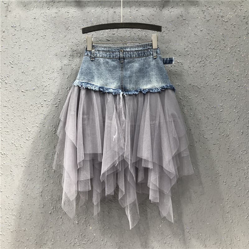 2025 Summer New Korean High-Waist Slimming Irregular Mesh Patchwork Denim Skirt Women's Midi Skirt Tulle Skirt