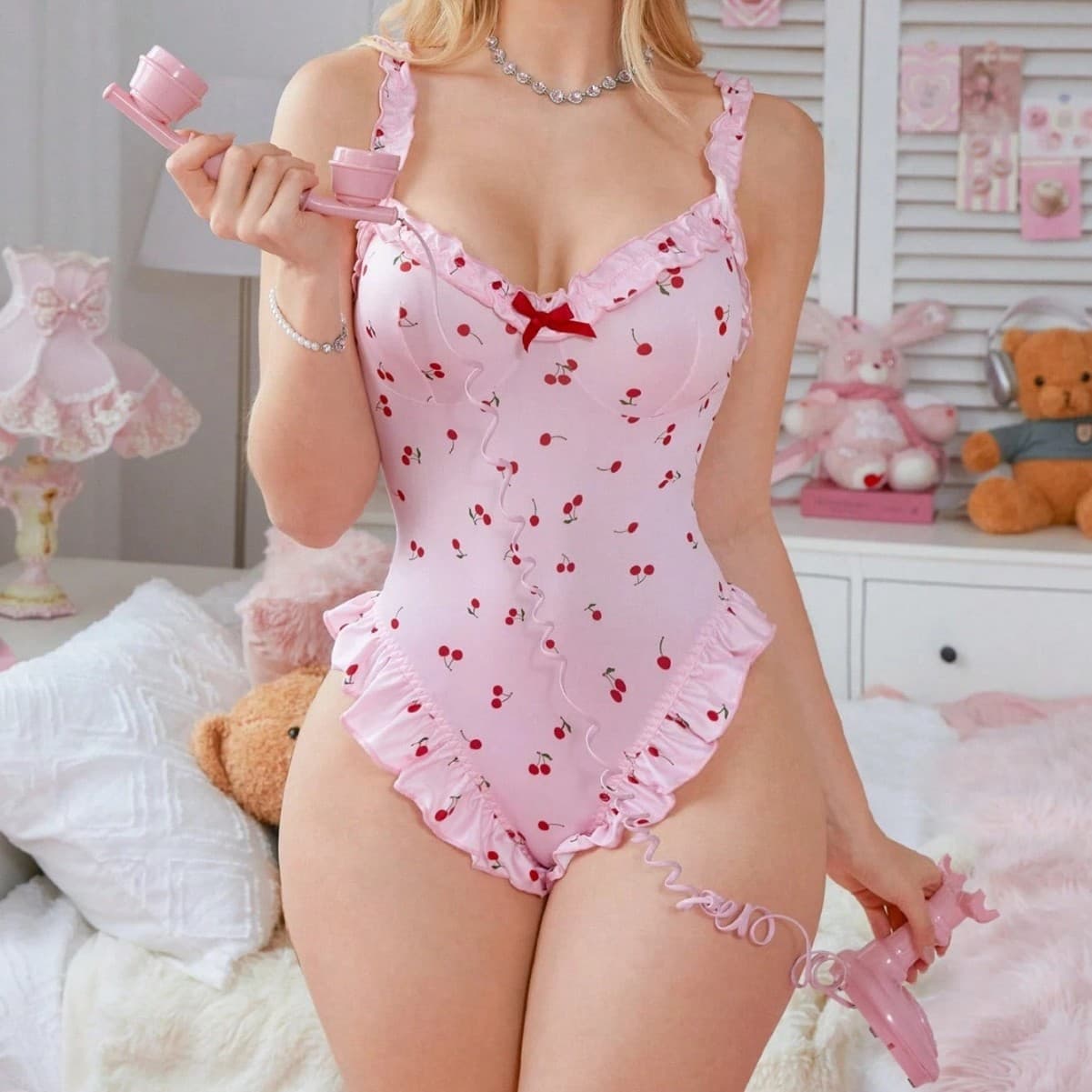 Cross-Border Hot Selling Sweet Cherry Bodysuit High-Waist Women's Jumpsuit Contrast Color Summer Wearable Boudoir