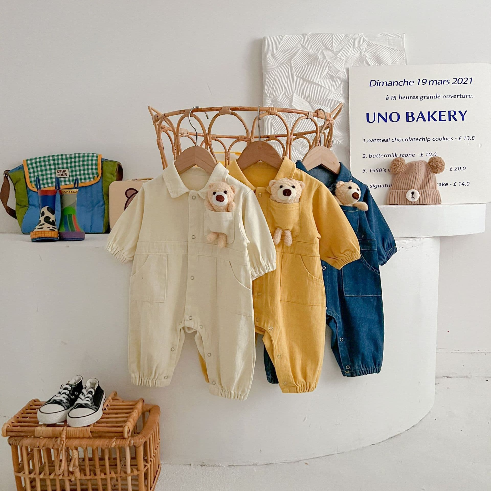Newborn baby jumpsuit spring and autumn style test cartoon bear denim clothing full month baby outing clothes for men and women going out