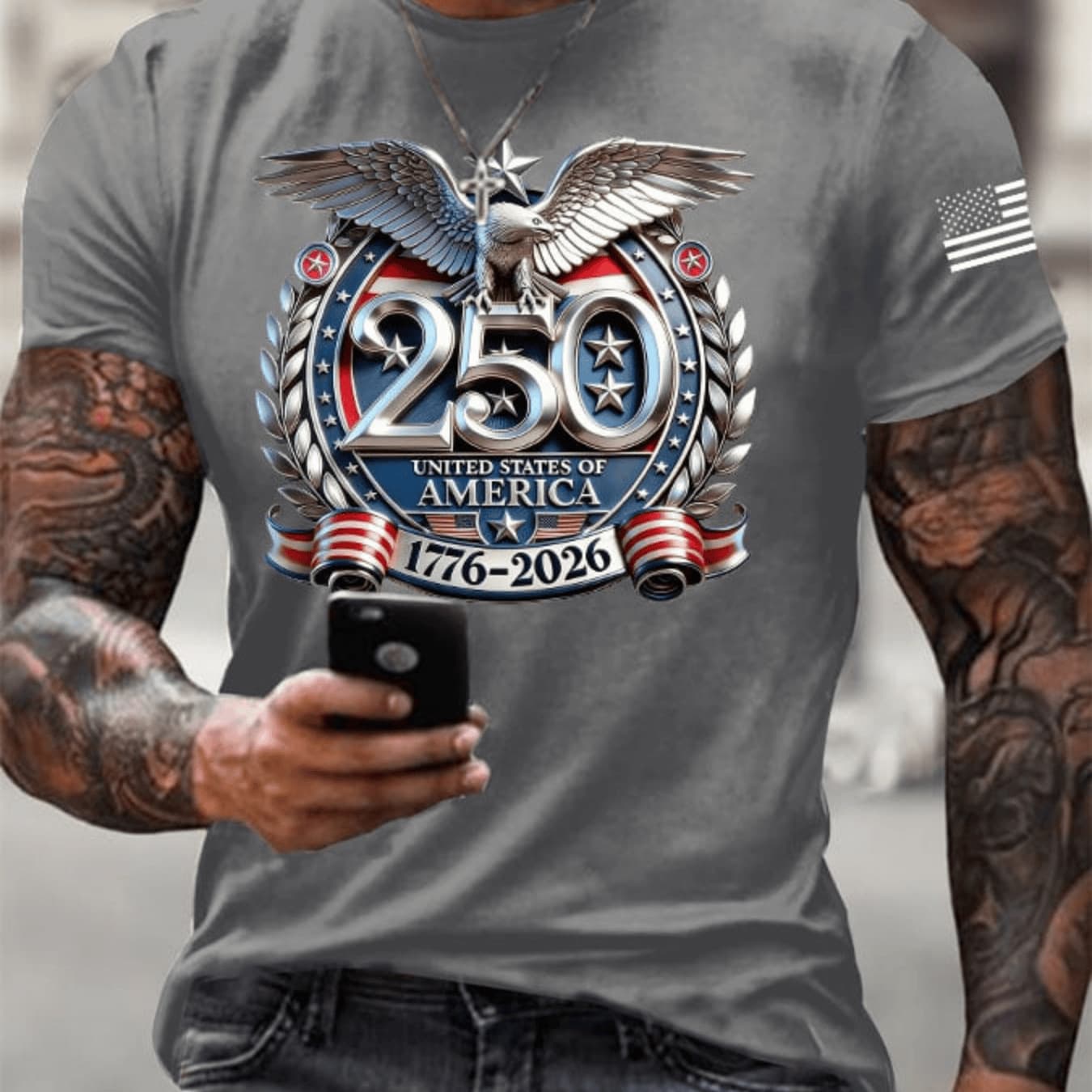 2026 New Men's Crew Neck T-Shirt for Amazon Cross-Border Sales, 250th Anniversary Eagle Flag Print Top