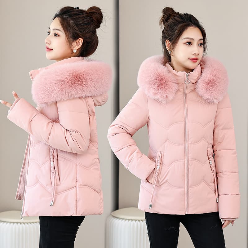 Short Puffer Jacket for Women 2026 New Style Petite Fashion Waist-Cinching Double-Stitch Large Fur Collar Windproof Sleeve Cotton Coat