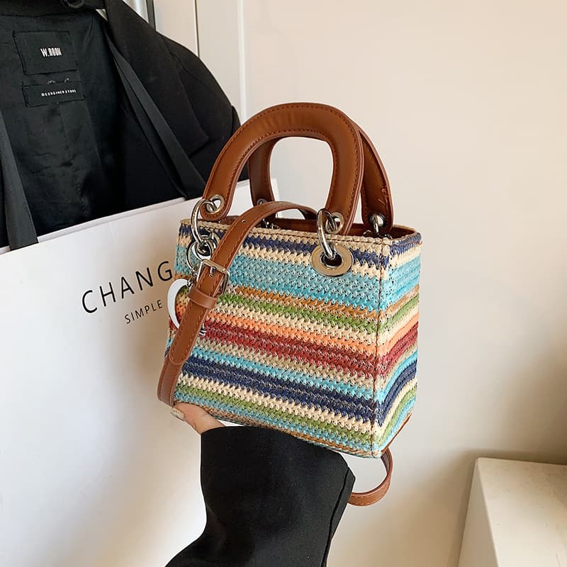 Simple Grass Woven Square Handbag Stylish Street Trend Beach Vacation Beachside Basket Fashionable Medium Sized PU Material