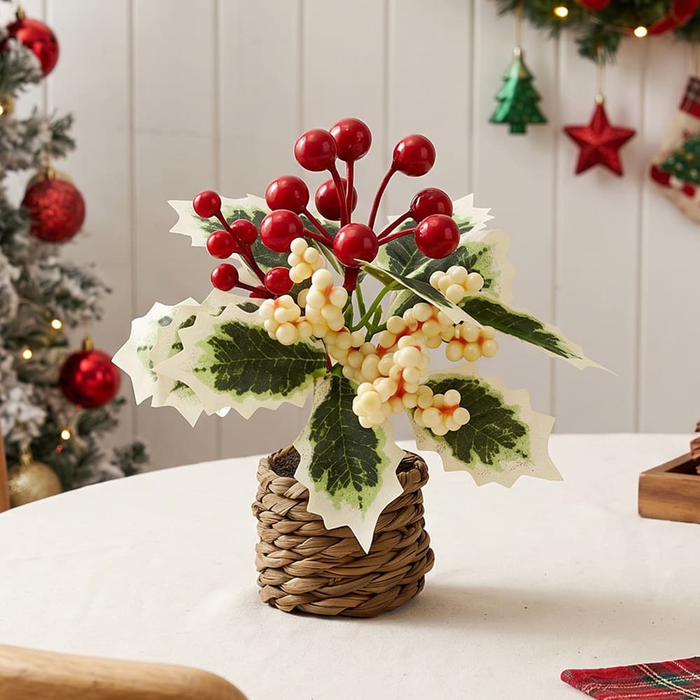 Artificial Christmas Holly Berry Wreath Potted Plant, Amazon Cross-Border Desktop Holiday Decoration Green Plant Wholesale