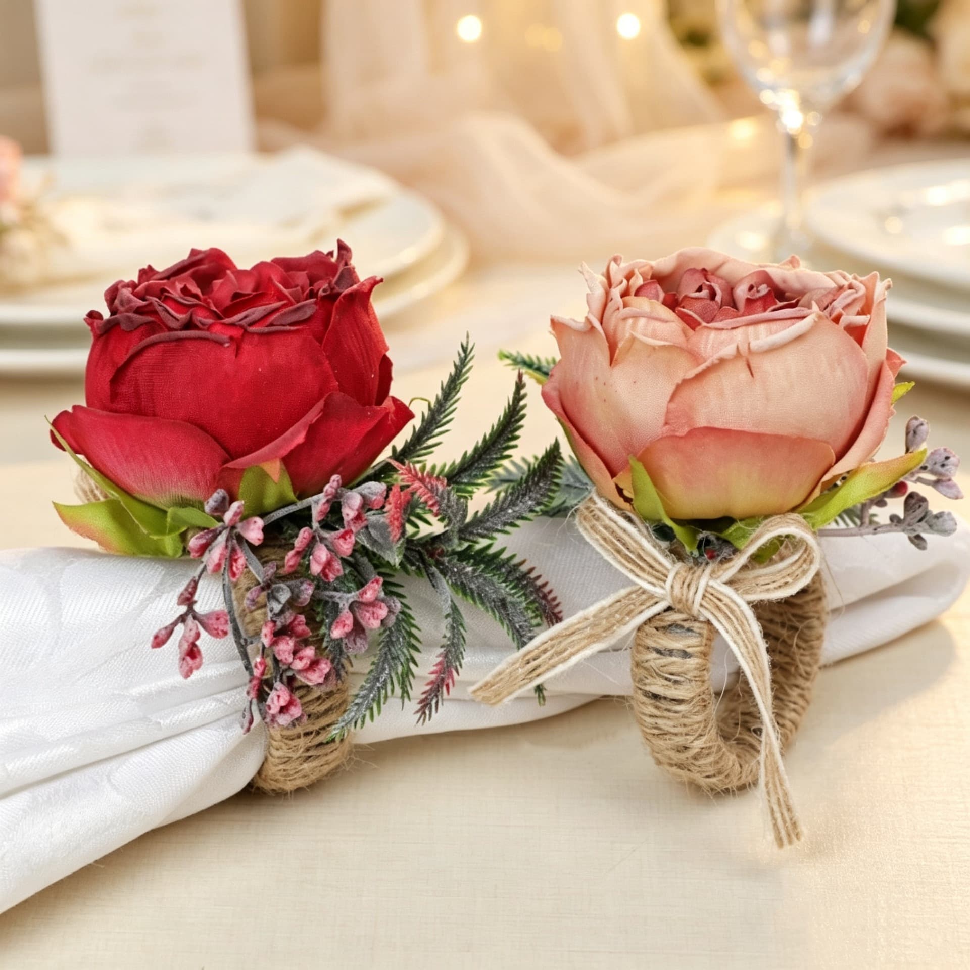 Forest Vintage Rose Napkin Rings Fabric Faux Flower Jute Napkin Rings Wedding Party Table Decor Cloth Napkin Rings