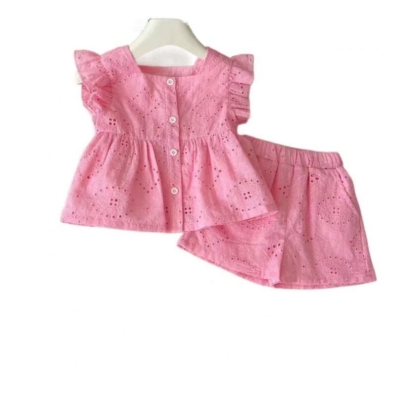 Girls Summer New Korean Style Pink Cotton Small Flutter Sleeve Top + Pink Cotton Shorts Set, Fashionable and Trendy