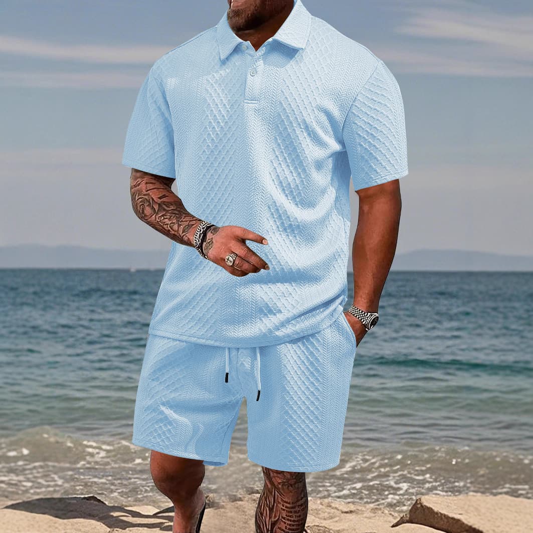 Amazon Hot Selling Men's Casual Set Jacquard Polo Shirt and Shorts Two-Piece Set Cross-Border Men's Clothing TK New Wholesale